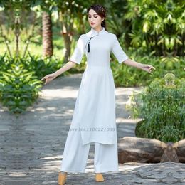 Stage Wear 2024 Chinese Traditional Cheongsam Folk Dance Costume Performance Mesh Qipao Dress Pants Oriental Vintage