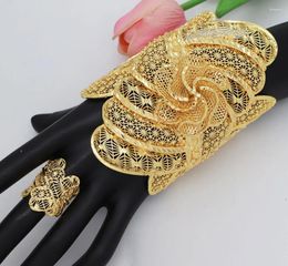 Bangle Exaggerate Ring Set Jewellery Women Cuff Adjustable Gold Colour Weddings Party Engagement Bridal Bracelet Gift