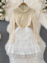 Casual Dresses 2024 Fashion Elegant Cake Mini Dress Women's Pearls Beading Stand Long Sleeve Sequined Lace Stitching Mesh Layer Party