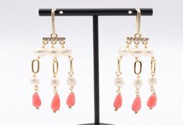 Dangle Chandelier Jewellery Natural White Pearl Pink Coral CZ Pave Hook Earrings For Women Lady GiftDangle7482268