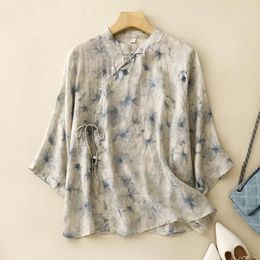 Women's Blouses Limiguyue Literary Cotton Linen Floral Print Blouse Breathable Glass Buckle Summer Shirts Women Half Sleeve Tops E592