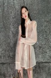 Sexy Transparent Organza Blusas MidLength Long Sleeve Shirt Blouse Spring Summer Chiffon Tops for Women with Belt1682297