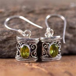 Dangle Earrings Ethnic Oval Inlaid Olive Green Stone Hook Vintage Silver Colour Metal Carving Hollow Spiral Pattern