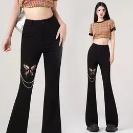 Women's Pants Fashion Butterfly Black Flare Summer Hollow Out Chain Elastic Trousers Female Sweet Casual Long Women