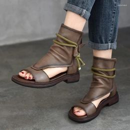 Dress Shoes Johnature Soft Cowhide Hollow Out Boots 2024 Summer Retro Genuine Leather Peep Toe Women's Sandals Gladiator