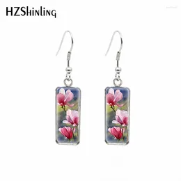 Dangle Earrings 2024 Magnolia Flower Rectangular Earring Oil Painting Fish Hook Glass Cabochon Handmade Jewellery