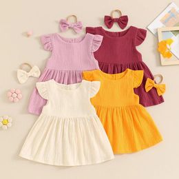 Girl Dresses Short Sleeve Summer Baby Dress With Headband Cute Round Neck Solid Colour Casual Kids Girls Clothing Cotton