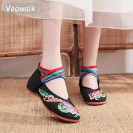 Casual Shoes Veowalk Peacock Embroidered Women Cotton Fabric Ankle Strap Ballet Flats Comfortable Ladies Walking Ballerinas