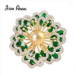 Brooches Jade Angel Gold-plated Brass Begonia Flower For Women Oval Green Cubic Zirconia Banquet Brooch Pins Clothing