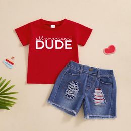 Clothing Sets FOCUSNORM Independence Day Summer Kids Boys Clothes 0-5Y Letter Print Short Sleeves T-Shirt And Ripped Denim Shorts