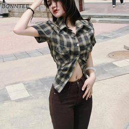 Women's Blouses Plaid Shirts Women All-match Vintage Chic Short-sleeved Korean Fashion Streetwear Basic Ins College Summer Tops Mujer