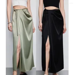 Skirts Womens Satin Silk Maxi Drawstring Flared Casual A-Line Long Skirt With Side Slip For Women