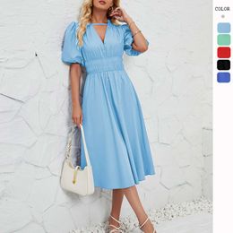 Hot selling Summer Deep V-neck Bubble Short Sleeve Dress High Waist Flowing A-line Mid Length Dress