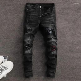 Men's Jeans High Street Fashion Men Retro Black Grey Stretch Skinny Fit Ripped Bandana Patched Designer Hip Hop Brand Pants