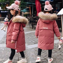 Down Coat Russian Winter Children Girls Long Fashion Letter Waterproof Real Fur Hooded Duck Jacket Outerwear Snowsuit Coats For Kids