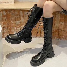 Boots 2024 Shoes For Women Lace Up Women's Autumn Round Toe Solid Knee-High Mid Heel Platform Water Proof Fashion