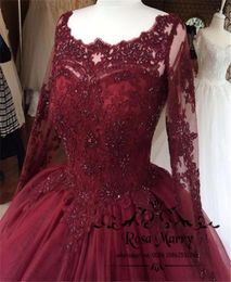 Burgundy Masquerade Ball Gown Quinceanera Dresses 2019 Vintage Lace Sequins Long Sleeves Plus Size Sweet 16 Vestidos 15 Anos Prom 9020664