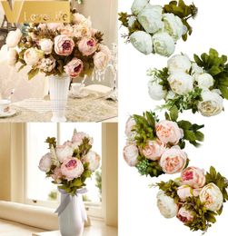 13 HeadsBouquet Artificial Flowers silk flower European Fall Vivid Peony Fake Leaf Wedding Home Party Decoration8946435