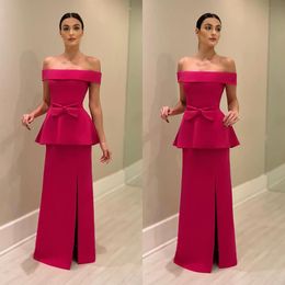 Elegant fuchsia Mother Of The Bride Dresses off shoulder Wedding Guest Dress bow split floor length Evening Gowns