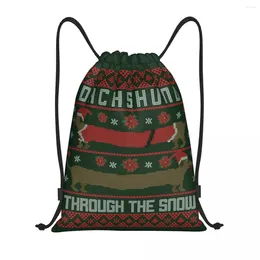 Shopping Bags Christmas Dachshund Through The Snow Drawstring Backpack Men Lightweight Puppy Dog Gym Sports Sackpack Sacks For
