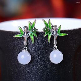 Dangle Earrings Natural Hetian Jade Bamboo Joint Ball Stud S925 Sterling Silver Leaf Elegance Retro Unique Ear Studs