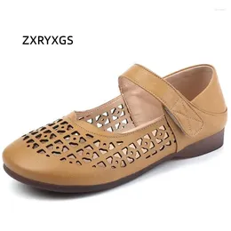 Sandals ZXRYXGS Round Toe Hollow Genuine Leather Flat Shoes 2024 Summer Hole Comfort Breathable Mom's Large Size