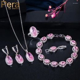 Necklace Earrings Set Pera Sweet 4 Pcs Oval Pink CZ Crystal Long Drop Round Pendant Kits Party Costume For Women Fashion J131