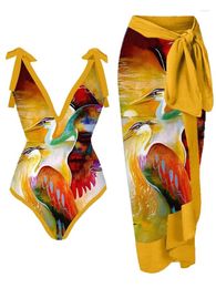 Women's Swimwear Fashion Trend Bikini Designer Retro Contrasting Print Deep V One-Piece Beach Resort Swimsuit And Cover-Up