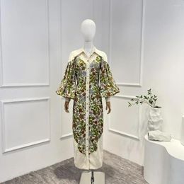 Casual Dresses Green 2024 Linen Top Quality Arrivals Vintage Floral Printing Long Lantern Sleeve Buttons Frill Woman Midi Dress