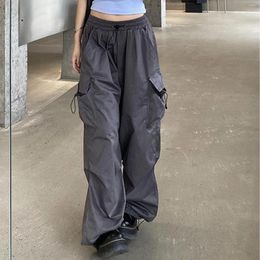 Women's Pants Hip Hop Vintage Sweatpants Drawstring Casual Loose Wide Leg Trousers Y2K Womens Baggy Streetwear Solid Low Waist Cargo