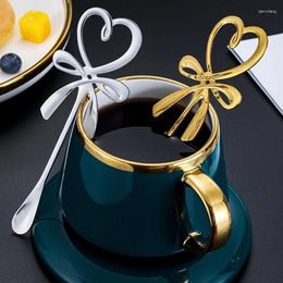 Coffee Scoops 3D Bow Knot Heart Shaped Mini Spoon Tea Dessert Hanging Tableware Gold Silver Stainless Steel Flatware