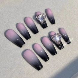 European American Girl Style Fake Nails Two Colour For Set Grey Black Pink Gradient Smudge Long T Girls False Nails Sticker 240430