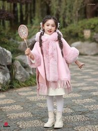 Scarves Girl Winter Thicken Wool Blends Faux Fur Coat Cape Children Loose Long Cardigan Cloak Princess Outerwear Hood Birthday Gift