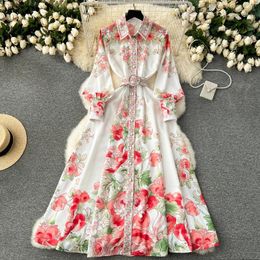 Casual Dresses Clothland Women Sweet Floral Shirt Dress Belt Long Sleeve Sashes One Piece White Blue Female Chic Maxi QD495