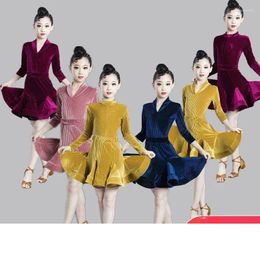 Stage Wear Girl Latin Dance Dresses Children Ballroom Competition Evening Party Performance Clothing Autumn Long Sleeve Top Skirt Set