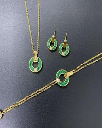 Baojia Three Piece Set Natural Malachite Peace Charm Clavicle Chain Pendant Earrings Bracelet Necklace 8HCT1397664