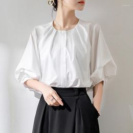 Women's Blouses QOERLIN Vintage Bubble Sleeve White Shirt Female Spring Summer Single-Breasted Loose Casual Half Blouse Black Blue Tops