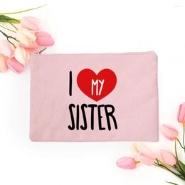 Cosmetic Bags I Love My Sister Letter Print Makeup Case Stylish Travel Zipper Pouches Fashion Portable Toiletry Bag Gifts To