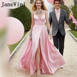 Party Dresses JaneVini Elegant Long Pink Prom 2024 Women Sexy High Slit Satin V Neck Evening Dress Backless Engagement Gowns