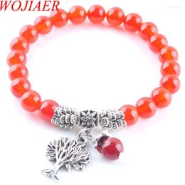 Strand WOJIAER Natural Stone Red Agate Stretch Bracelets On Hand Tree Of Life Round Mala Beads Reiki Men Women Couples Jewelry PK3215