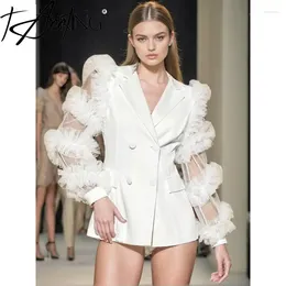 Women's Suits TANNT Women Blazer 2024 Mesh Ruffles Double Breasted Full Sleeve Ladies White Coat Fashion Long Suit Jacket
