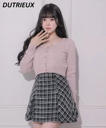 Women's Knits Japanese Spring Mine Mass-Produced Soft Girl High Waist Two-Piece Suit Sweet Bottoming Sling And Short Sweater Cardigan