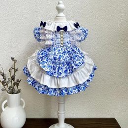 Dog Apparel 2024 Spring Pet Cats Clothes Fashion Blue Small Floral Print Handmade Princess Dress For Medium Puppy Clothing