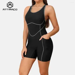 Women's Swimwear Attraco Women Sports One-Piece U Neck With 2 Sides Pockets Boyleg X-Shaped Straps Removable Bras Professional Athletic