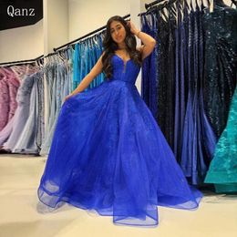 Party Dresses Qanz Tulle Prom V-neck Royal Blue A-line Dress Lace Appliques Evening Elegant Luxury Celebrity Vestidos Para Mujer