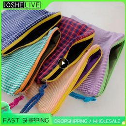 Storage Bags Women Plaid Makeup Bag Cotton And Linen Cosmetic Zipper Pouch Simple Portable Large Capacity Fashion