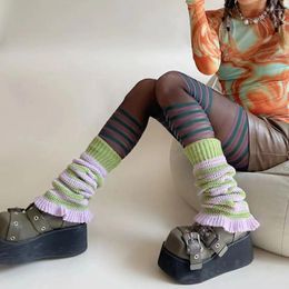 Women Socks Vintage Knitted Y2K Colour Patchwork Striped Japanese Medium Tube Stocking Millennium Style Accessories