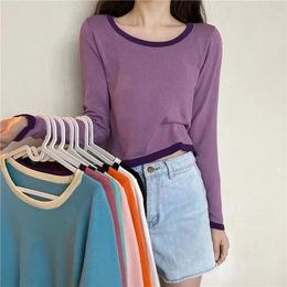 Women's T Shirts Gaodinglan Contrasting Colour Long Sleeve Women Tops Autumn Spring Versatile Female Knitted Tees Sexy Slim Short Crop