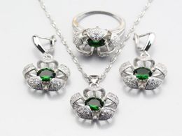 Earrings Necklace Selling ThreeDimensional Silver Color Green Created Emerald Flower Jewelry Sets For Women Ring 678910 JS35701443