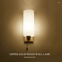 Wall Lamp Nordic Solid Wood Bedroom Bedside Light With Pull Switch Glass Sconce Staircase El Living Room Decor